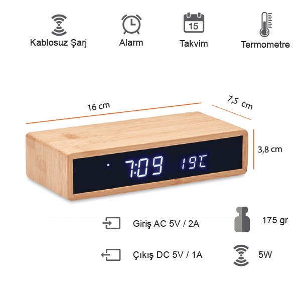 Promosyon Bambu Kablosuz Şarj Cihazı (saat-alarm)
